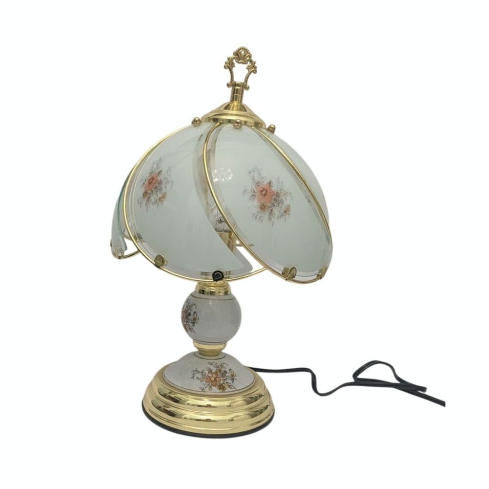 3-Way Floral Touch Lamp Brass & 6-Panel Glass Shade 14" Pink Flowers Vintage